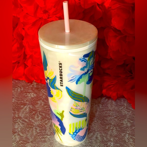 NWT🌼Starbucks Summer 2024 White Pearl Marble Multicolor Floral Tumbler - Picture 4 of 9